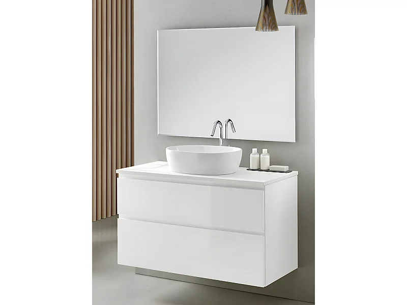 Meuble de salle de bain avec 2 tiroirs suspendus avec plan Marbre Blanc + vasque à poser + miroir - Longueur 80 x Hauteur 56 x Profondeur 46 cm
