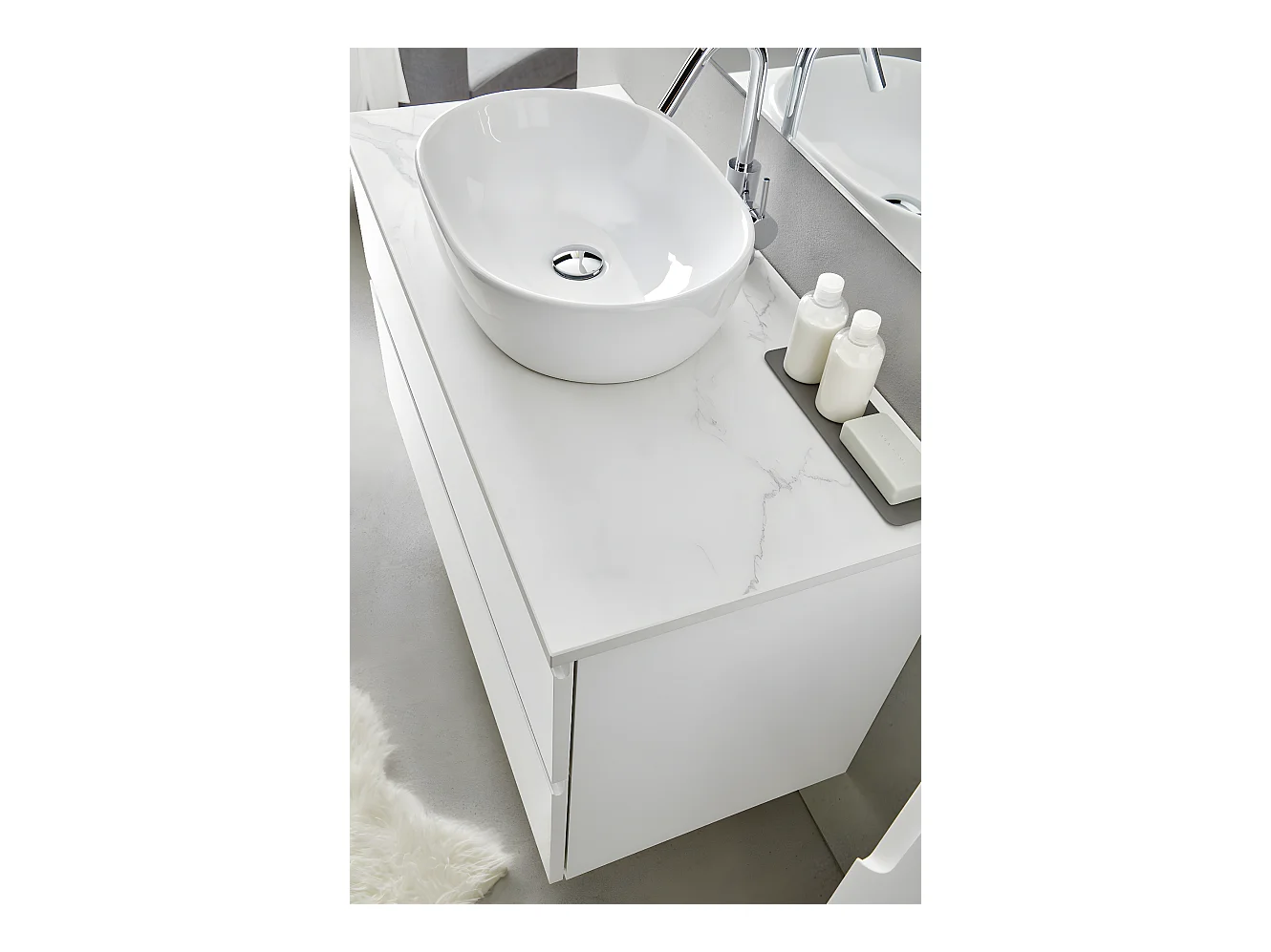 Meuble de salle de bain avec 2 tiroirs suspendus avec plan Marbre Blanc + vasque à poser + miroir - Longueur 80 x Hauteur 56 x Profondeur 46 cm