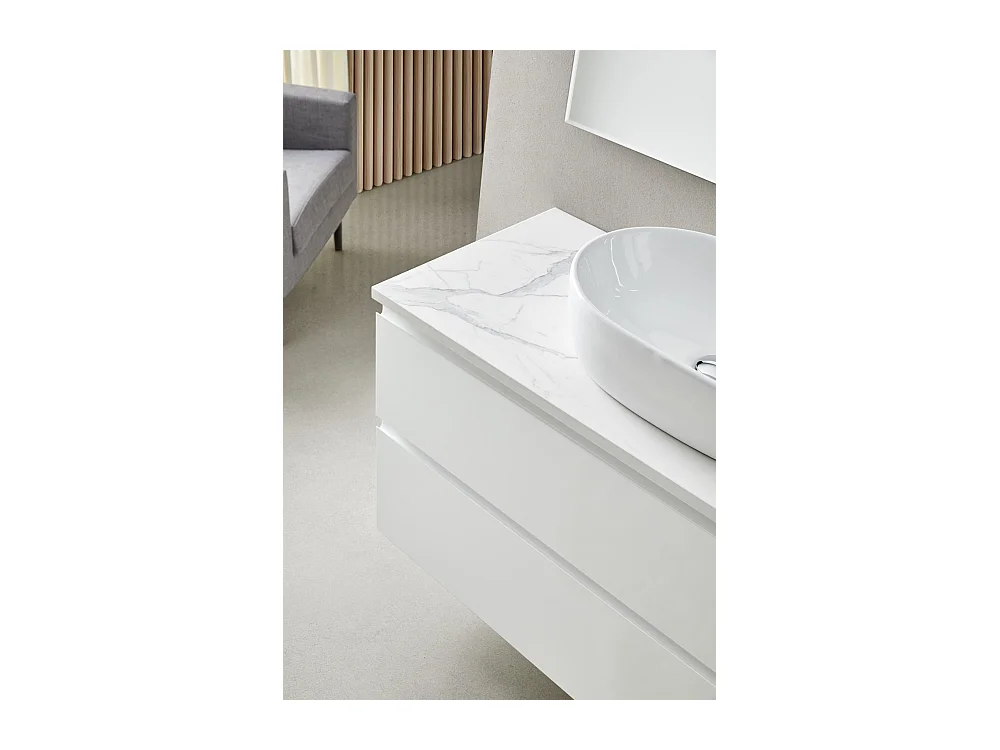 Meuble de salle de bain avec 2 tiroirs suspendus avec plan Marbre Blanc + vasque à poser + miroir - Longueur 80 x Hauteur 56 x Profondeur 46 cm