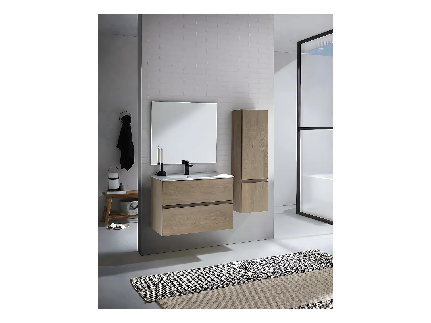 Meuble de salle de bain avec 2 tiroirs suspendus avec plan moulé + miroir + colonne