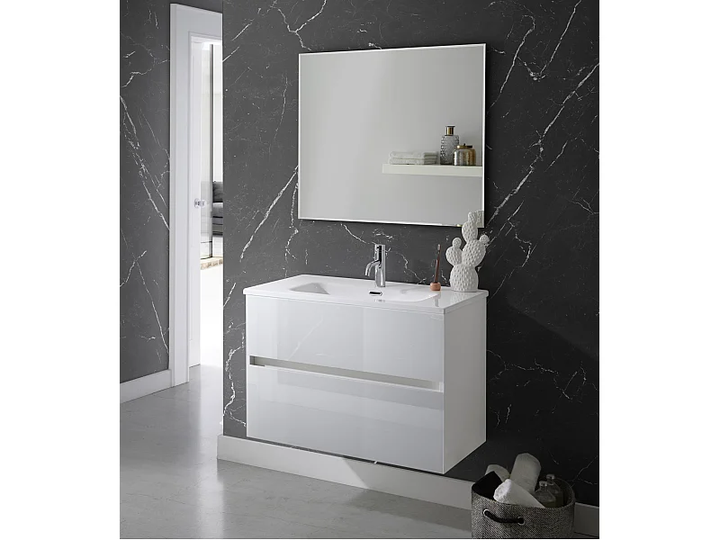 Meuble de salle de bain coloris blanc avec vasque moulée en céramique + miroir - Longueur 100 x Profondeur 46 x Hauteur 56 cm