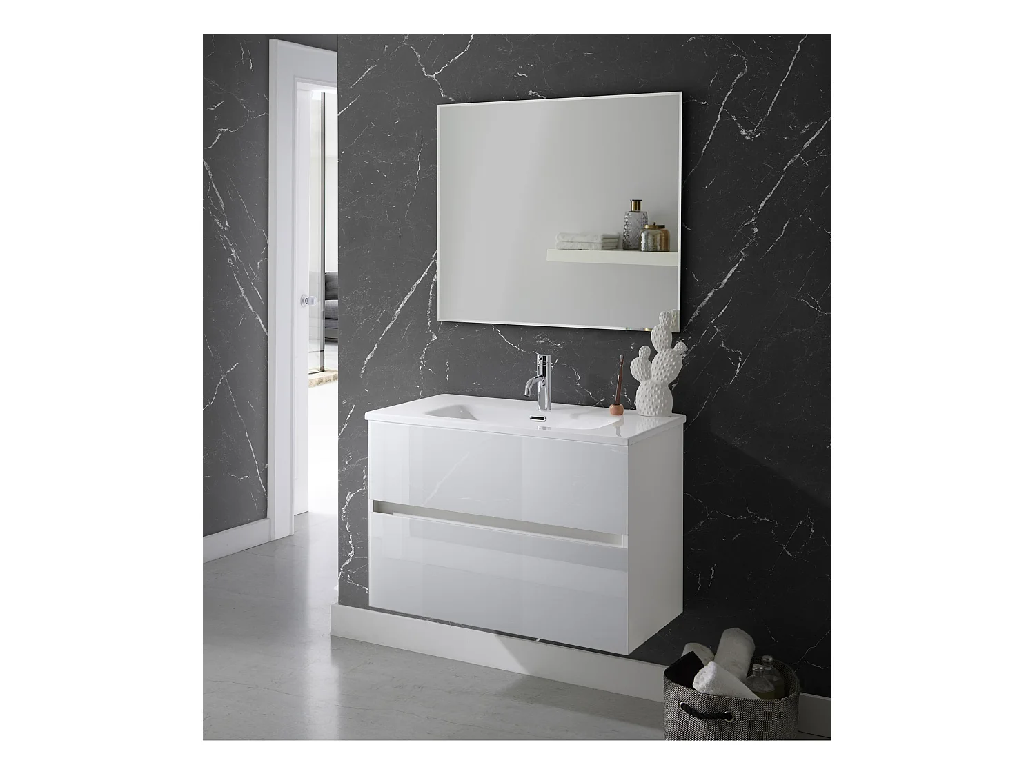 Meuble de salle de bain coloris blanc avec vasque moulée en céramique + miroir - Longueur 100 x Profondeur 46 x Hauteur 56 cm