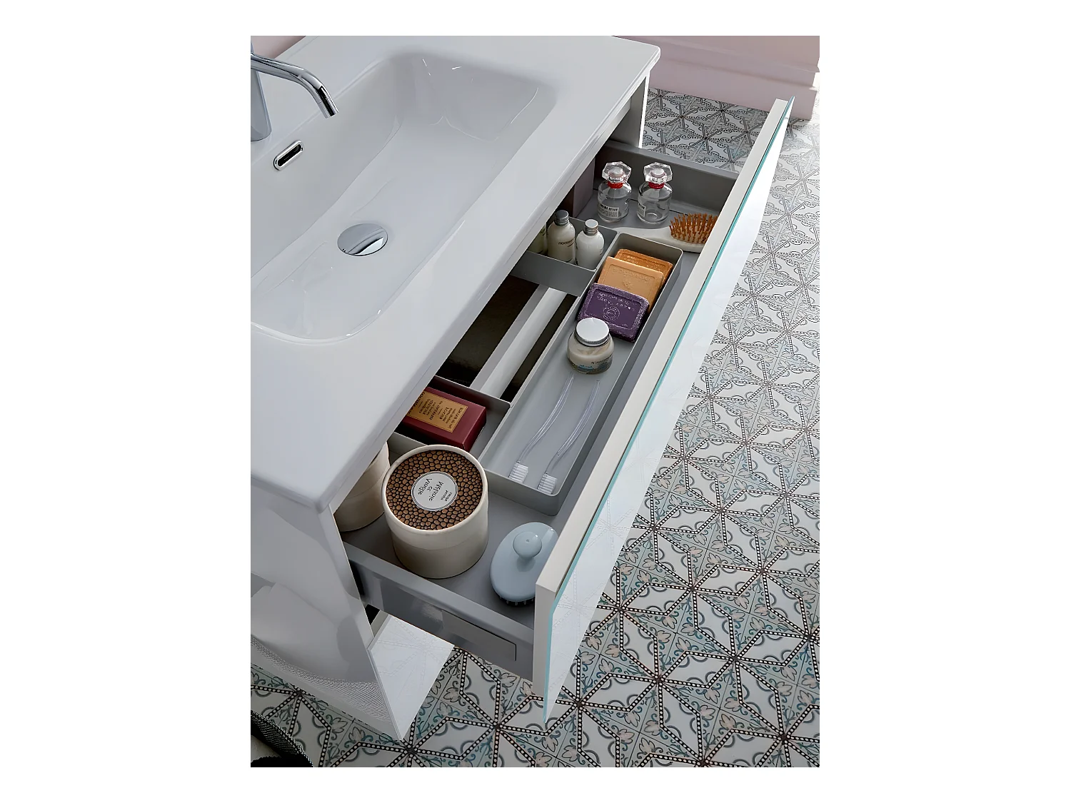 Meuble de salle de bain coloris blanc avec vasque moulée en céramique + miroir - Longueur 100 x Profondeur 46 x Hauteur 56 cm