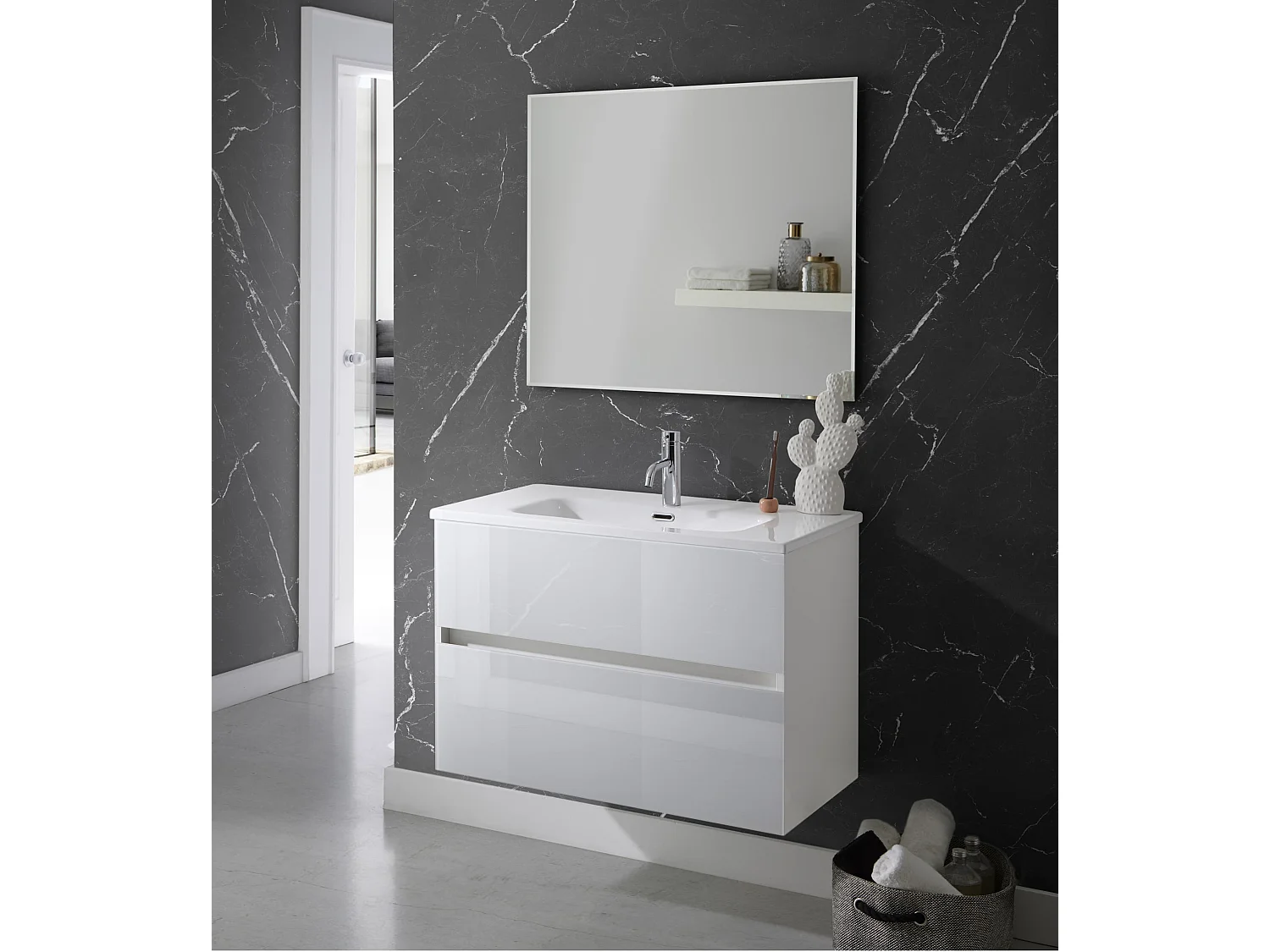 Meuble de salle de bain coloris blanc avec vasque moulée en céramique + miroir - Longueur 100 x Profondeur 46 x Hauteur 56 cm