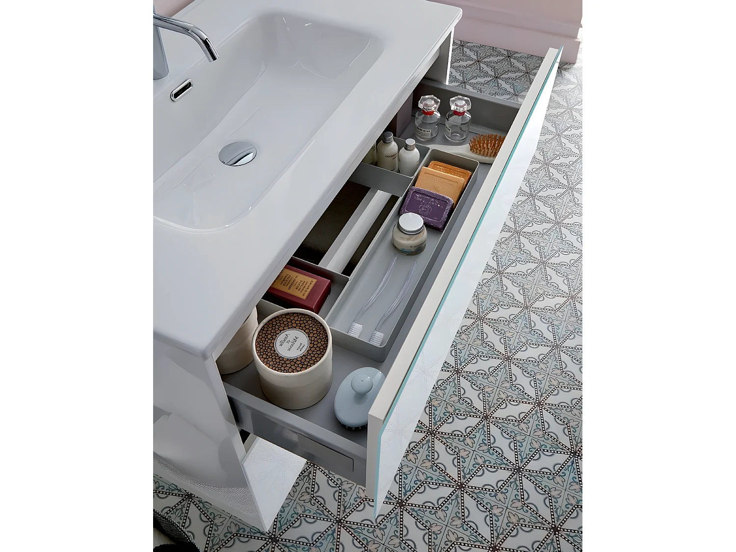 Meuble de salle de bain coloris blanc avec vasque moulée en céramique + miroir - Longueur 100 x Profondeur 46 x Hauteur 56 cm