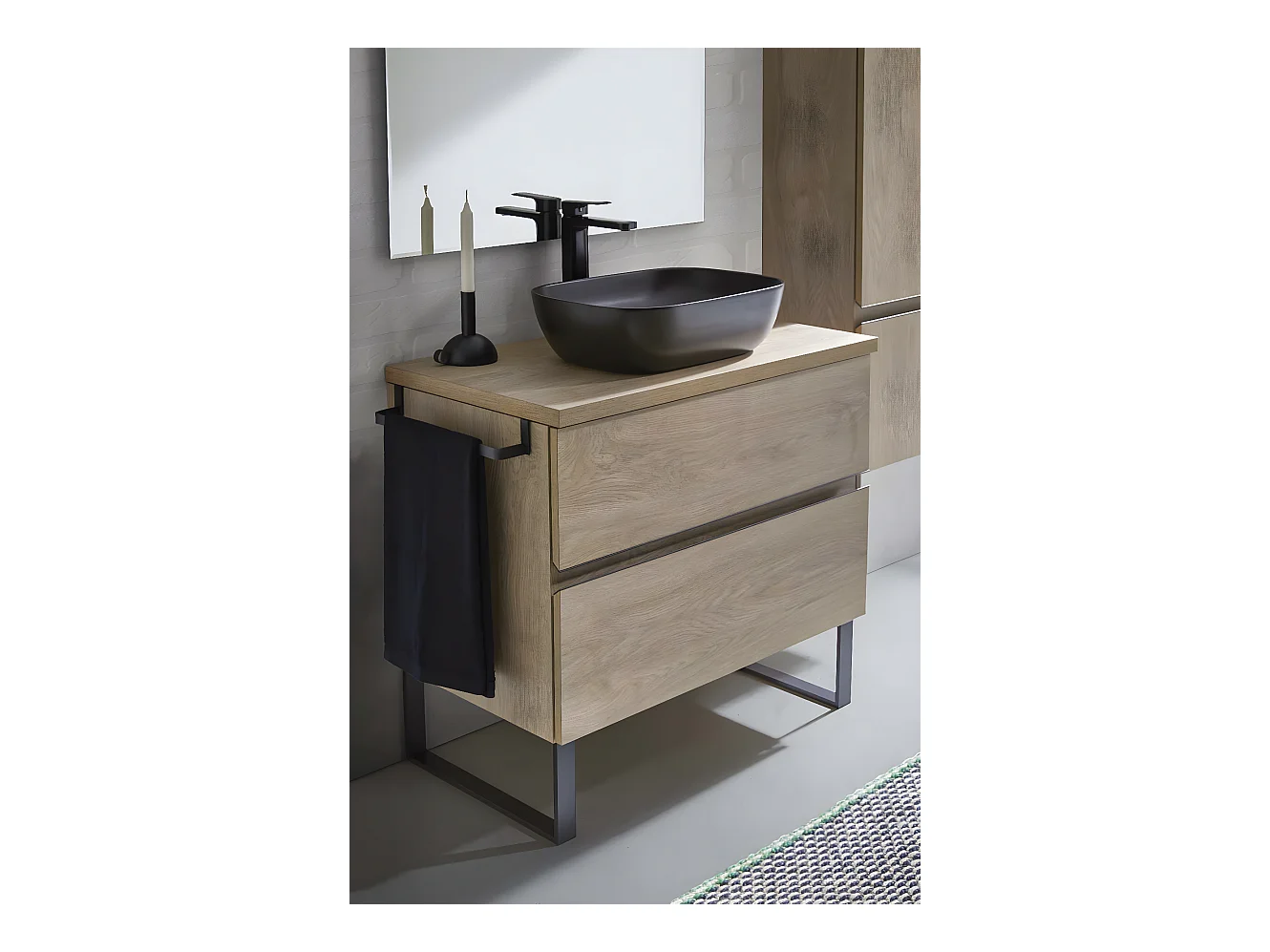 Meuble de salle de bain avec 2 tiroirs couleur chêne nordique + vasque à poser + miroir - Longueur 100 x Hauteur 87,5 x Profondeur 46,5 cm