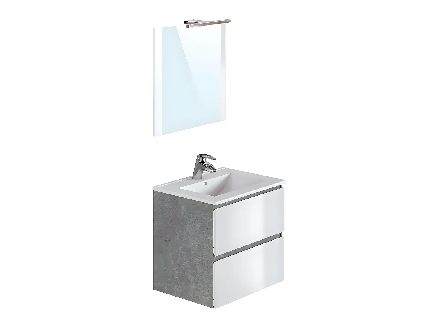 Meuble de salle de bain en mélamine coloris ciment / blanc brillant - Longueur 60 x profondeur 45 x Hauteur 85 cm