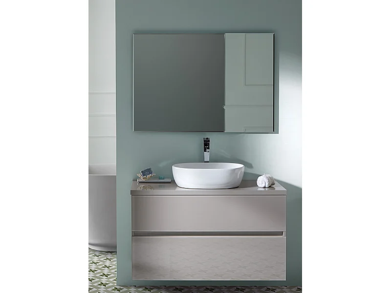 Meuble de salle de bain coloris taupe avec vasque à poser en céramique + miroir - Longueur 100 x Profondeur 46 x Hauteur 56 cm