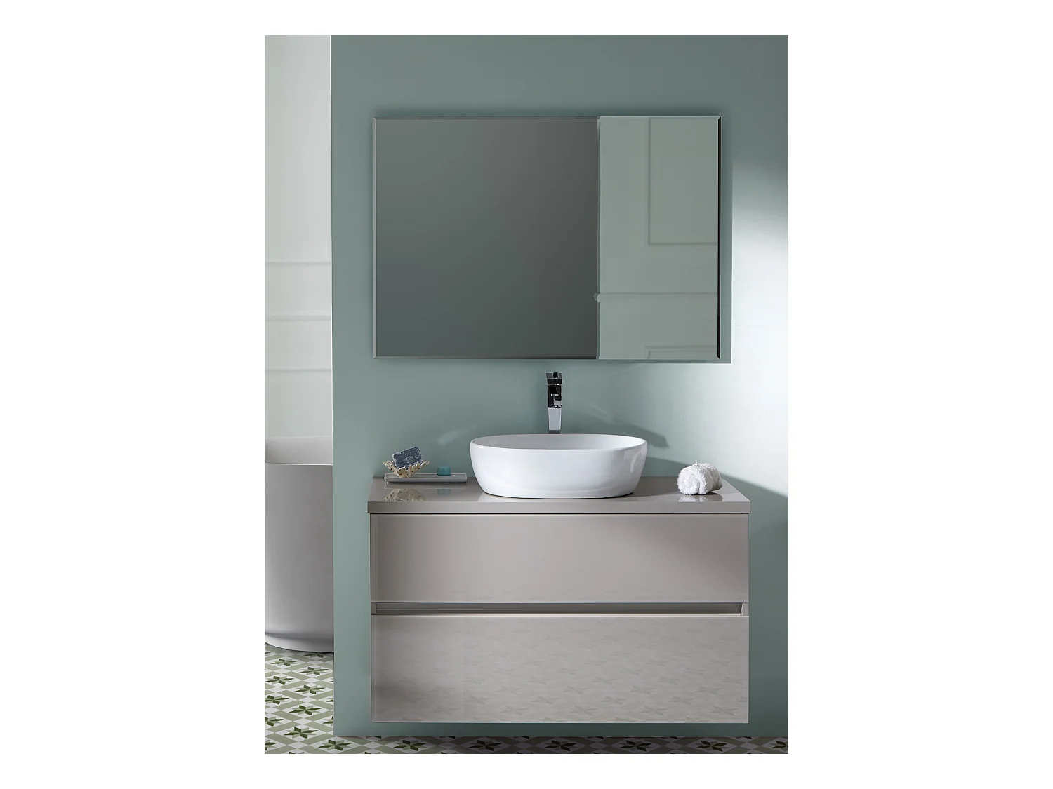 Meuble de salle de bain coloris taupe avec vasque à poser en céramique + miroir - Longueur 100 x Profondeur 46 x Hauteur 56 cm