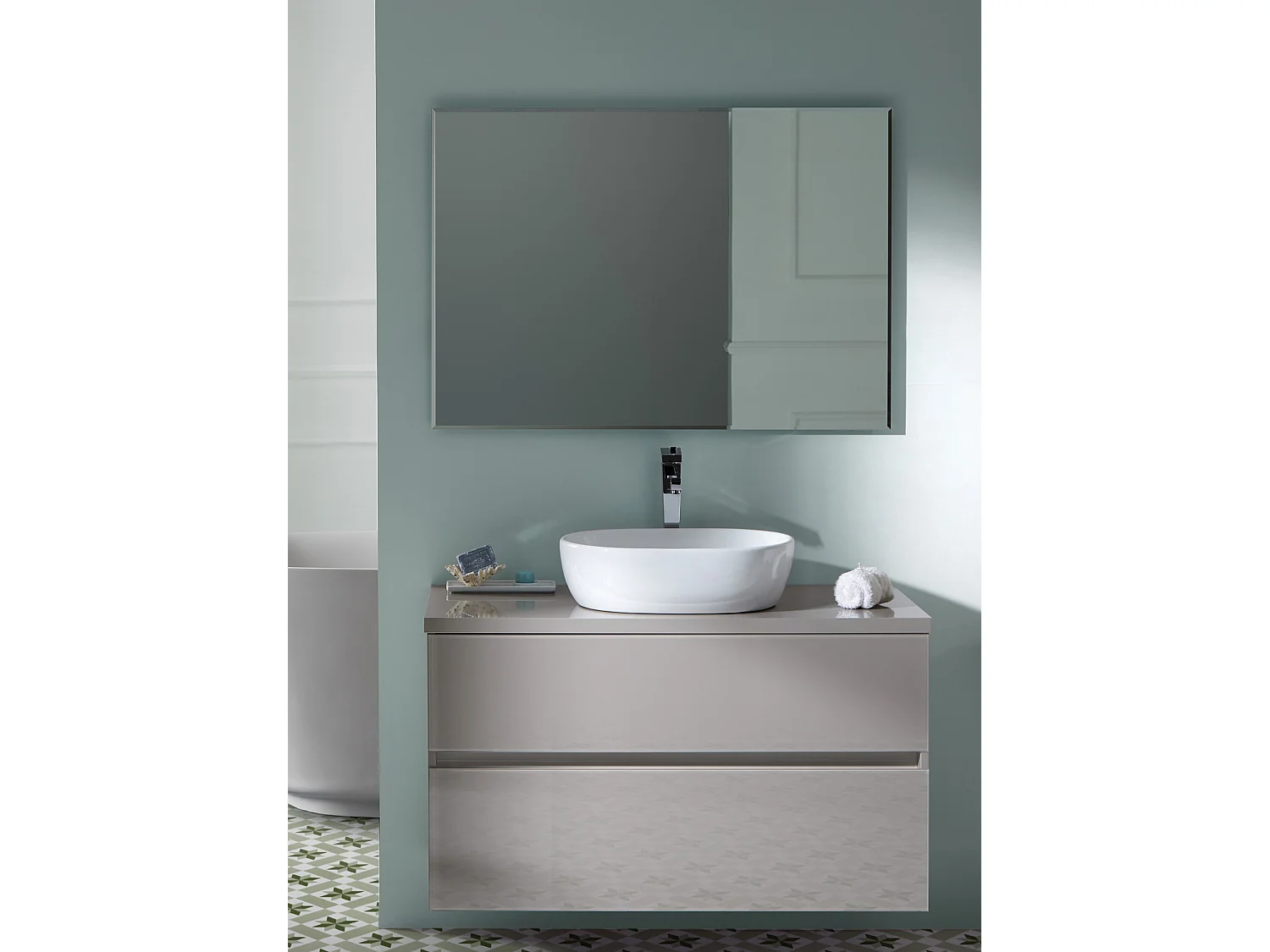 Meuble de salle de bain coloris taupe avec vasque à poser en céramique + miroir - Longueur 100 x Profondeur 46 x Hauteur 56 cm