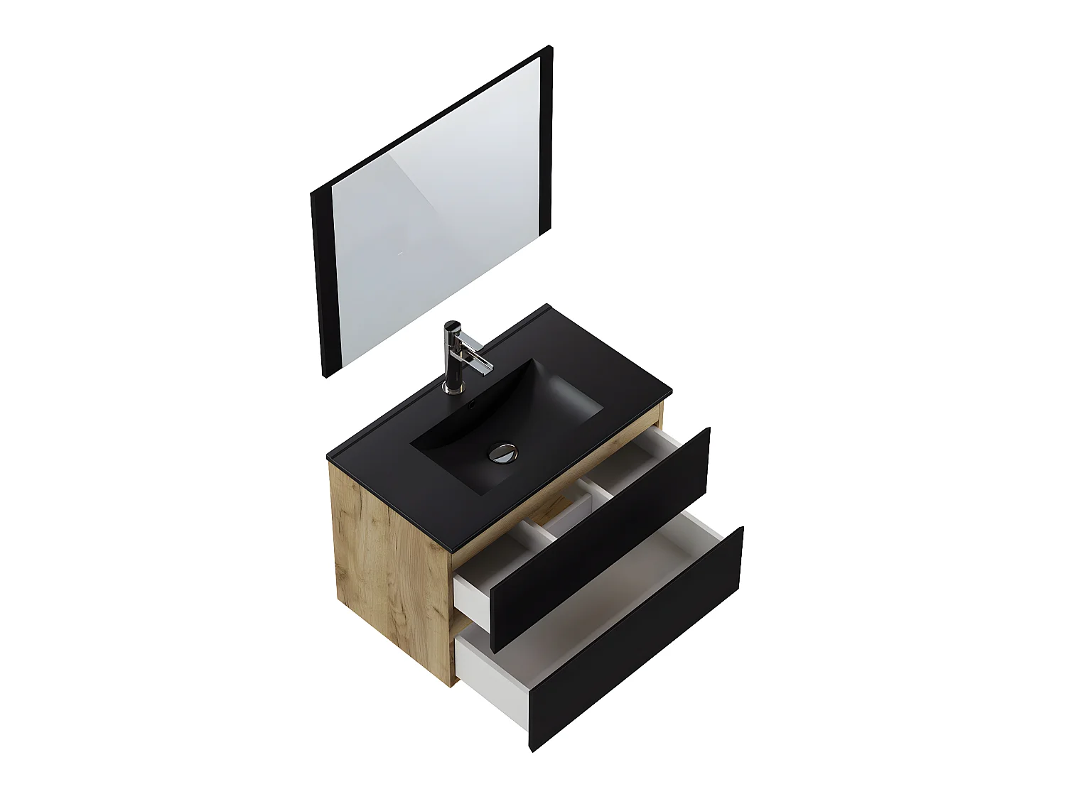 Meuble de salle de bain en mélamine couleur chêne / noir - Longueur 80 x profondeur 45 x Hauteur 85 cm