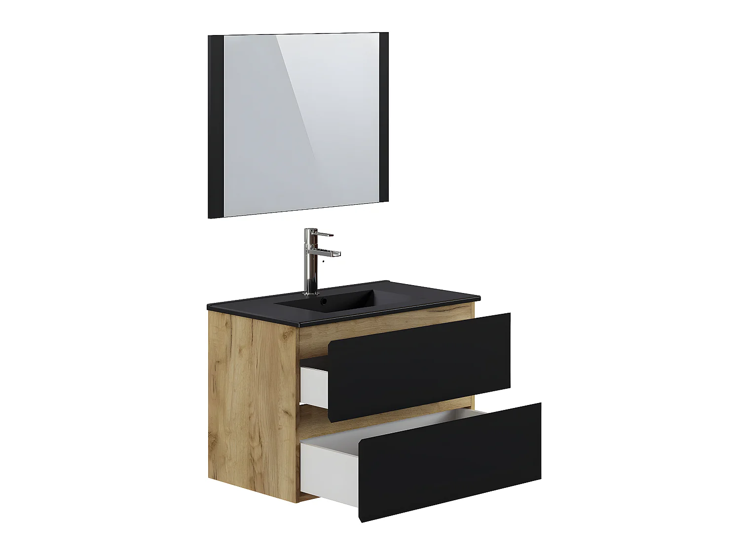 Meuble de salle de bain en mélamine couleur chêne / noir - Longueur 80 x profondeur 45 x Hauteur 85 cm