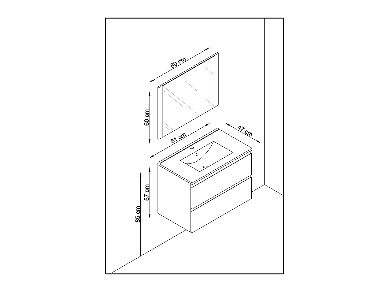 Meuble de salle de bain en mélamine couleur chêne / noir - Longueur 80 x profondeur 45 x Hauteur 85 cm