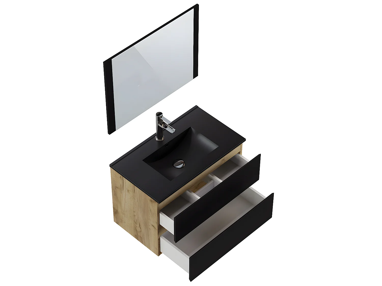 Meuble de salle de bain en mélamine couleur chêne / noir - Longueur 80 x profondeur 45 x Hauteur 85 cm