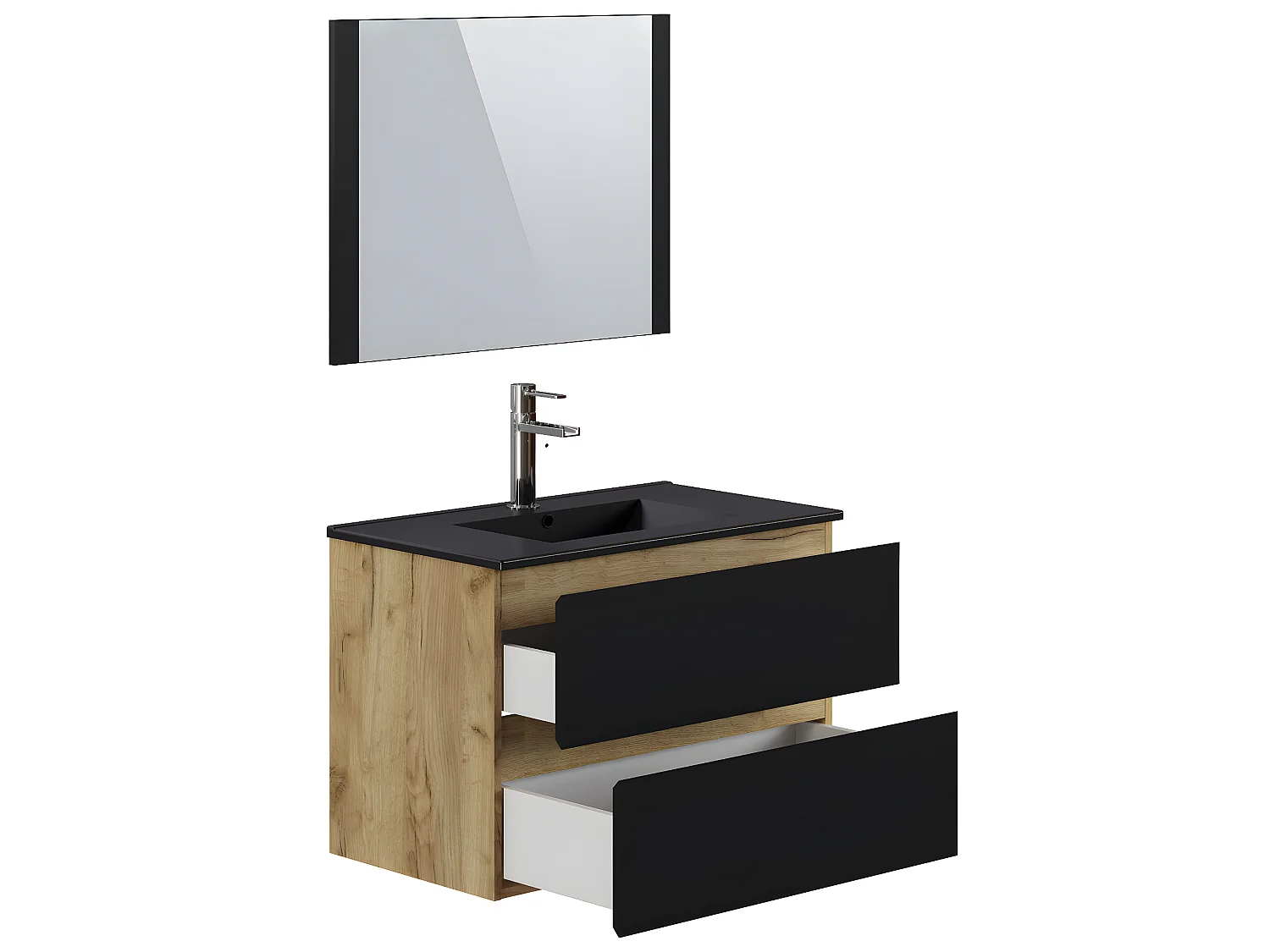 Meuble de salle de bain en mélamine couleur chêne / noir - Longueur 80 x profondeur 45 x Hauteur 85 cm