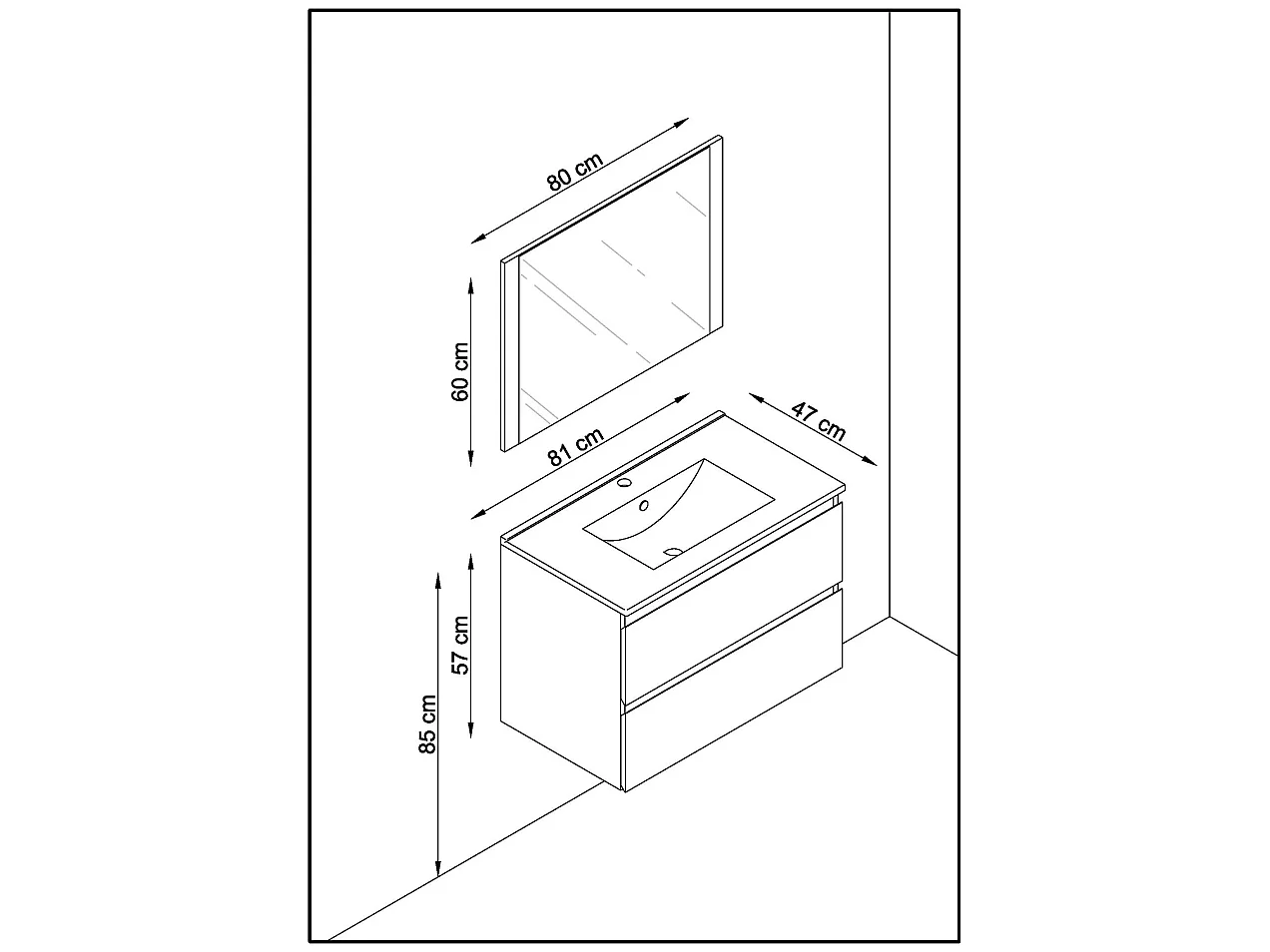 Meuble de salle de bain en mélamine couleur chêne / noir - Longueur 80 x profondeur 45 x Hauteur 85 cm
