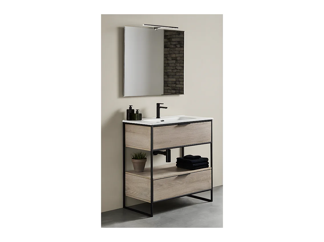 Meuble de salle de bain avec 2 tiroirs couleur chêne nordique avec plan moulé + miroir - Longueur 100 x Hauteur 85 x Profondeur 46 cm