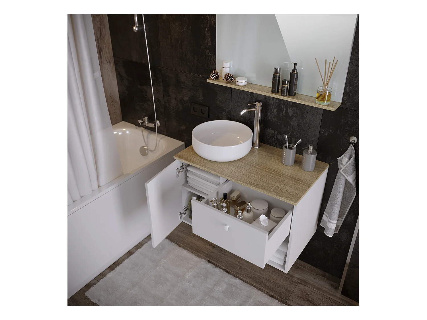 Meuble de salle de bain en mélamine coloris chêne et blanc - Longueur 80 x profondeur 46 x Hauteur 63 cm