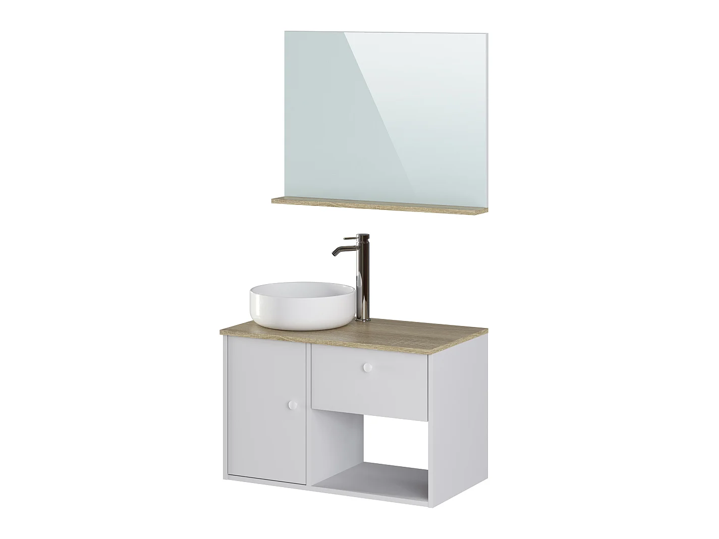 Meuble de salle de bain en mélamine coloris chêne et blanc - Longueur 80 x profondeur 46 x Hauteur 63 cm
