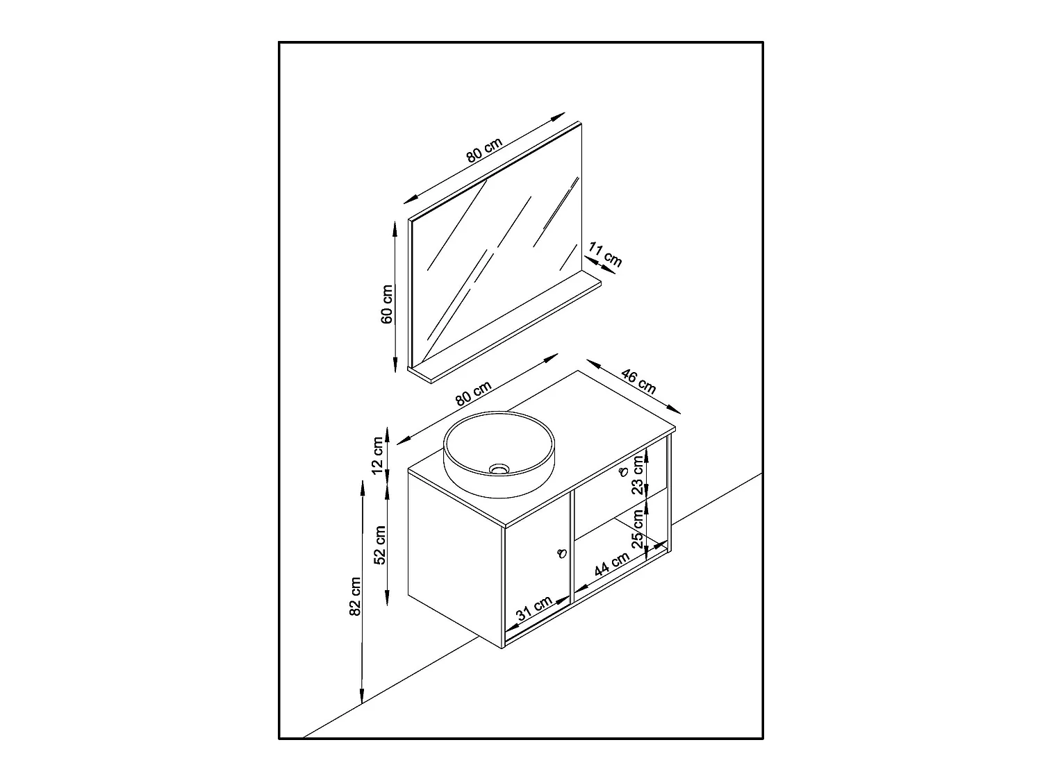 Meuble de salle de bain en mélamine coloris chêne et blanc - Longueur 80 x profondeur 46 x Hauteur 63 cm