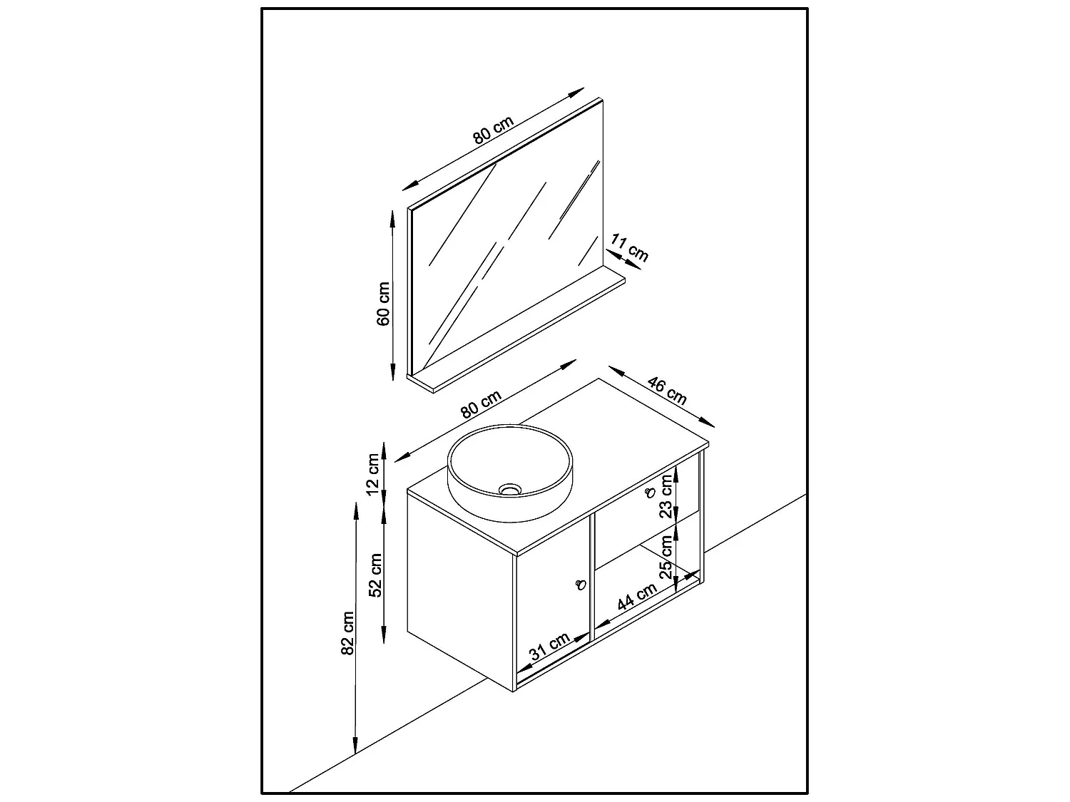 Meuble de salle de bain en mélamine coloris chêne et blanc - Longueur 80 x profondeur 46 x Hauteur 63 cm