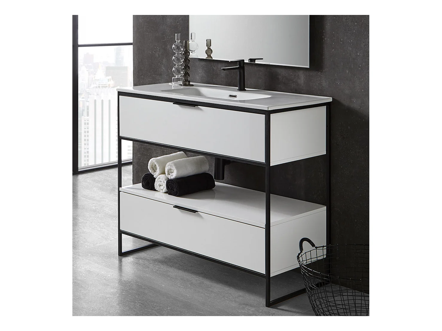 Meuble de salle de bain avec 2 tiroirs blanc brillant avec plan moulé - Longueur 60 x Hauteur 85 x Profondeur 46 cm