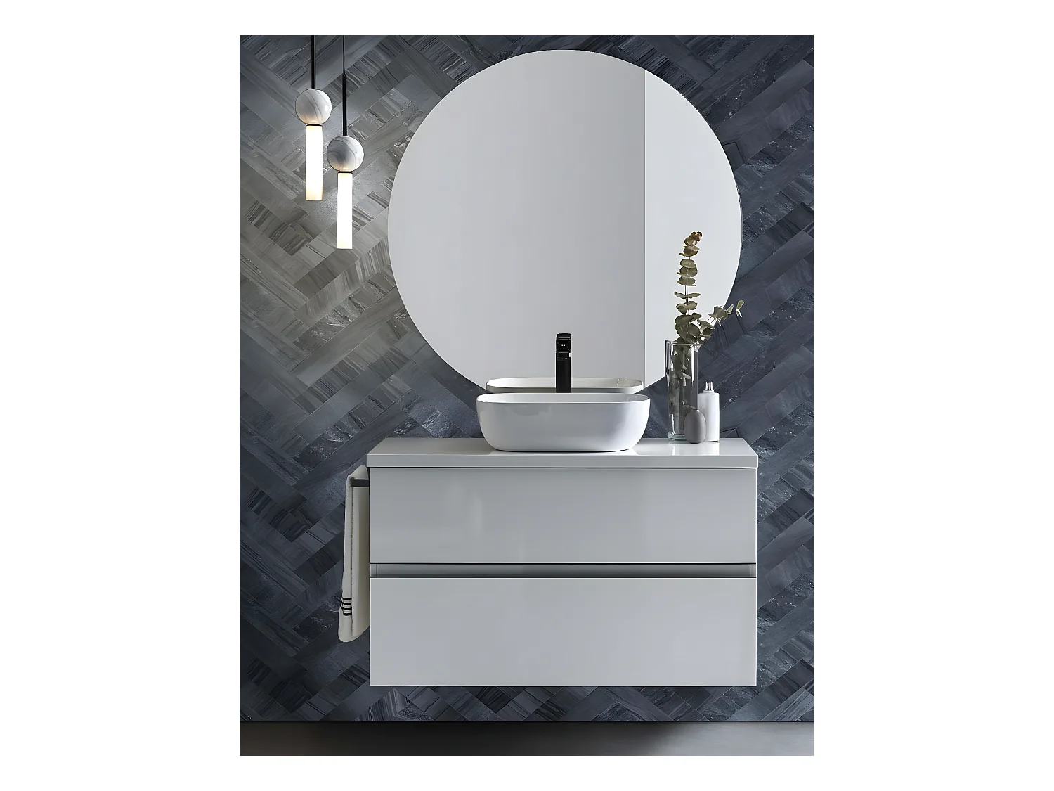Meuble de salle de bain avec 2 tiroirs suspendus blanc brillant + vasque à poser + miroir - Longueur 60 x Hauteur 56 x Profondeur 46,5 cm