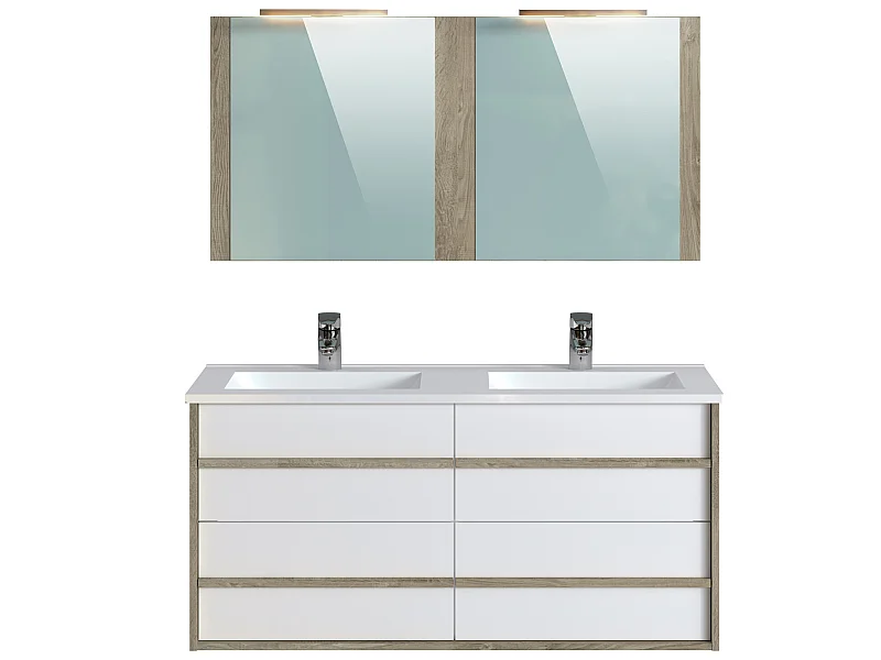 Meuble de salle de bain en mélamine coloris chêne / blanc - Longueur 122 x profondeur 46 x Hauteur 58 cm