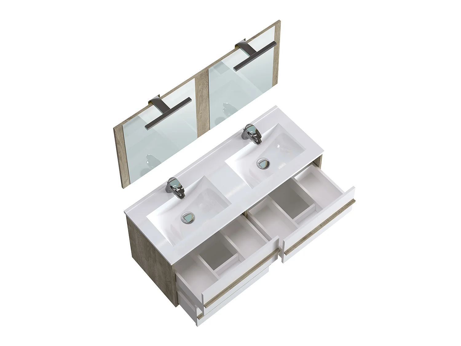 Meuble de salle de bain en mélamine coloris chêne / blanc - Longueur 122 x profondeur 46 x Hauteur 58 cm