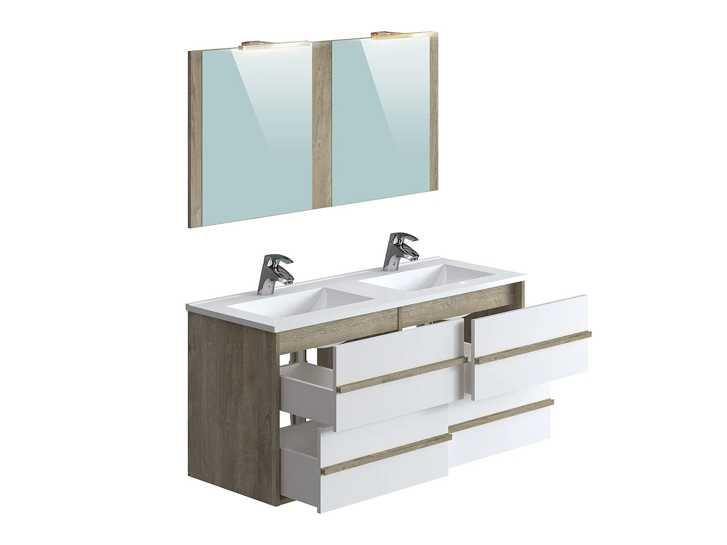 Meuble de salle de bain en mélamine coloris chêne / blanc - Longueur 122 x profondeur 46 x Hauteur 58 cm
