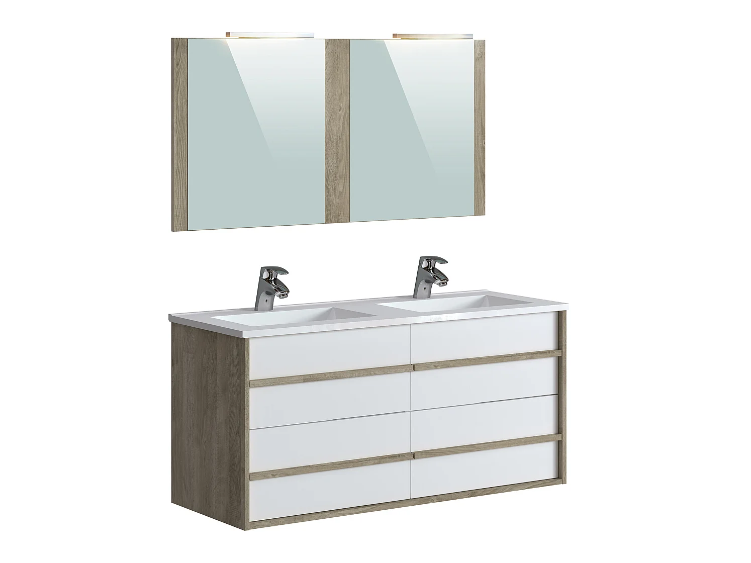 Meuble de salle de bain en mélamine coloris chêne / blanc - Longueur 122 x profondeur 46 x Hauteur 58 cm