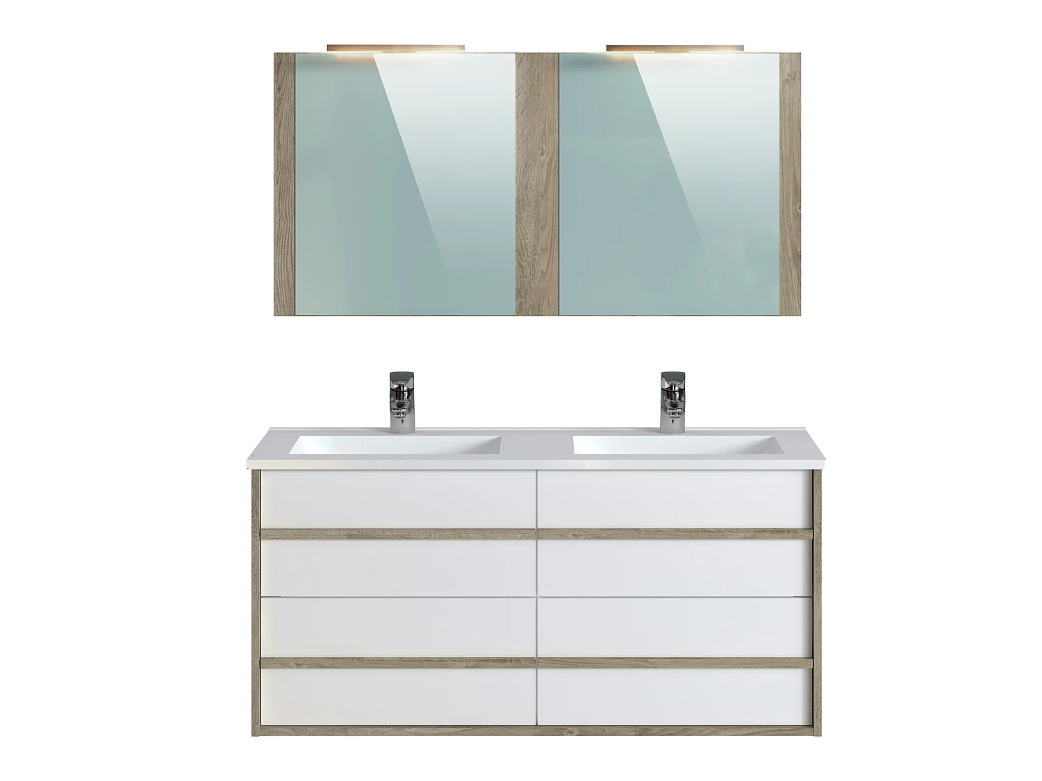 Meuble de salle de bain en mélamine coloris chêne / blanc - Longueur 122 x profondeur 46 x Hauteur 58 cm