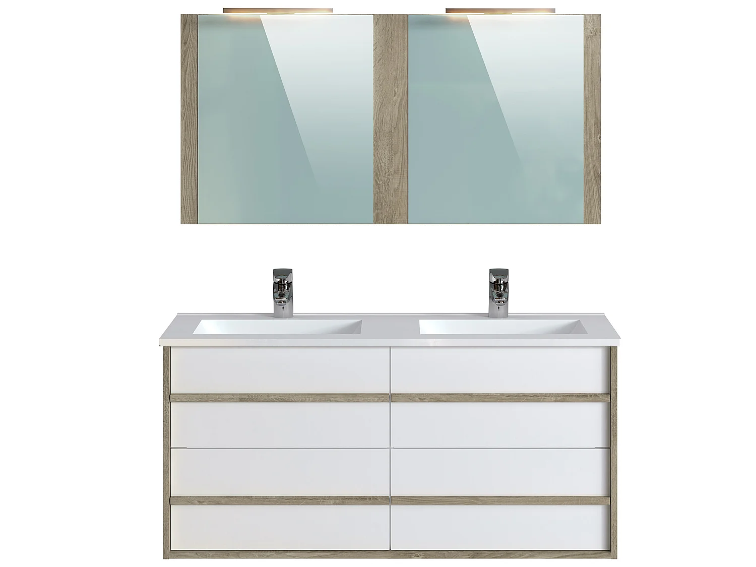 Meuble de salle de bain en mélamine coloris chêne / blanc - Longueur 122 x profondeur 46 x Hauteur 58 cm