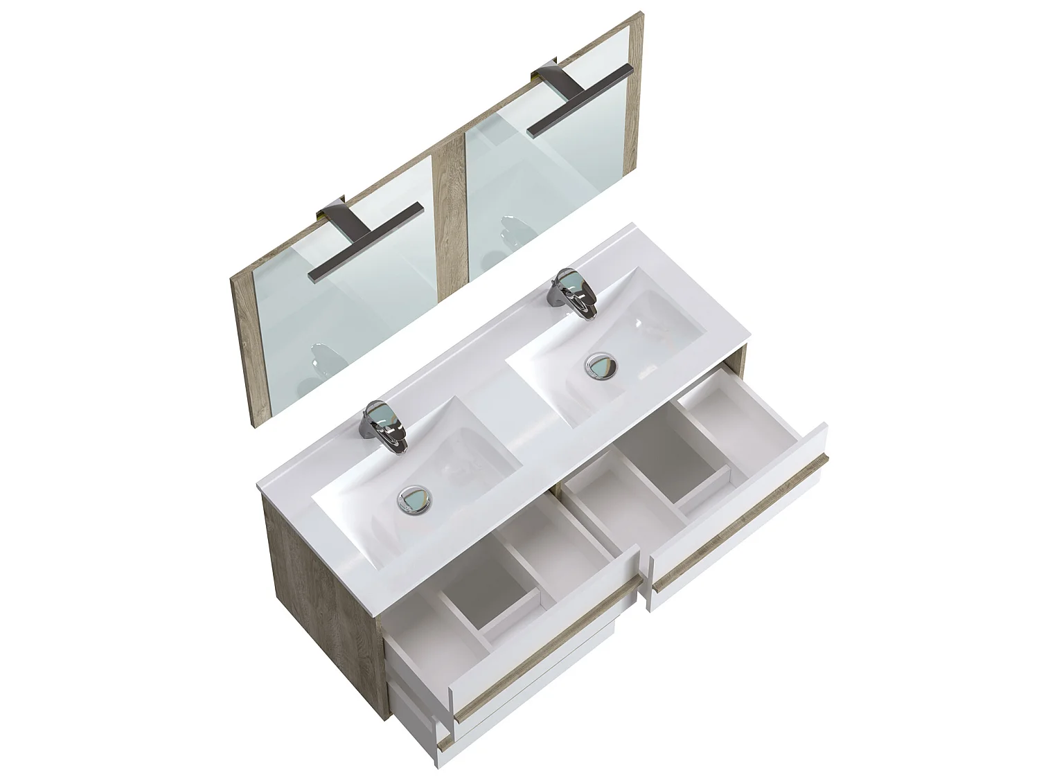 Meuble de salle de bain en mélamine coloris chêne / blanc - Longueur 122 x profondeur 46 x Hauteur 58 cm