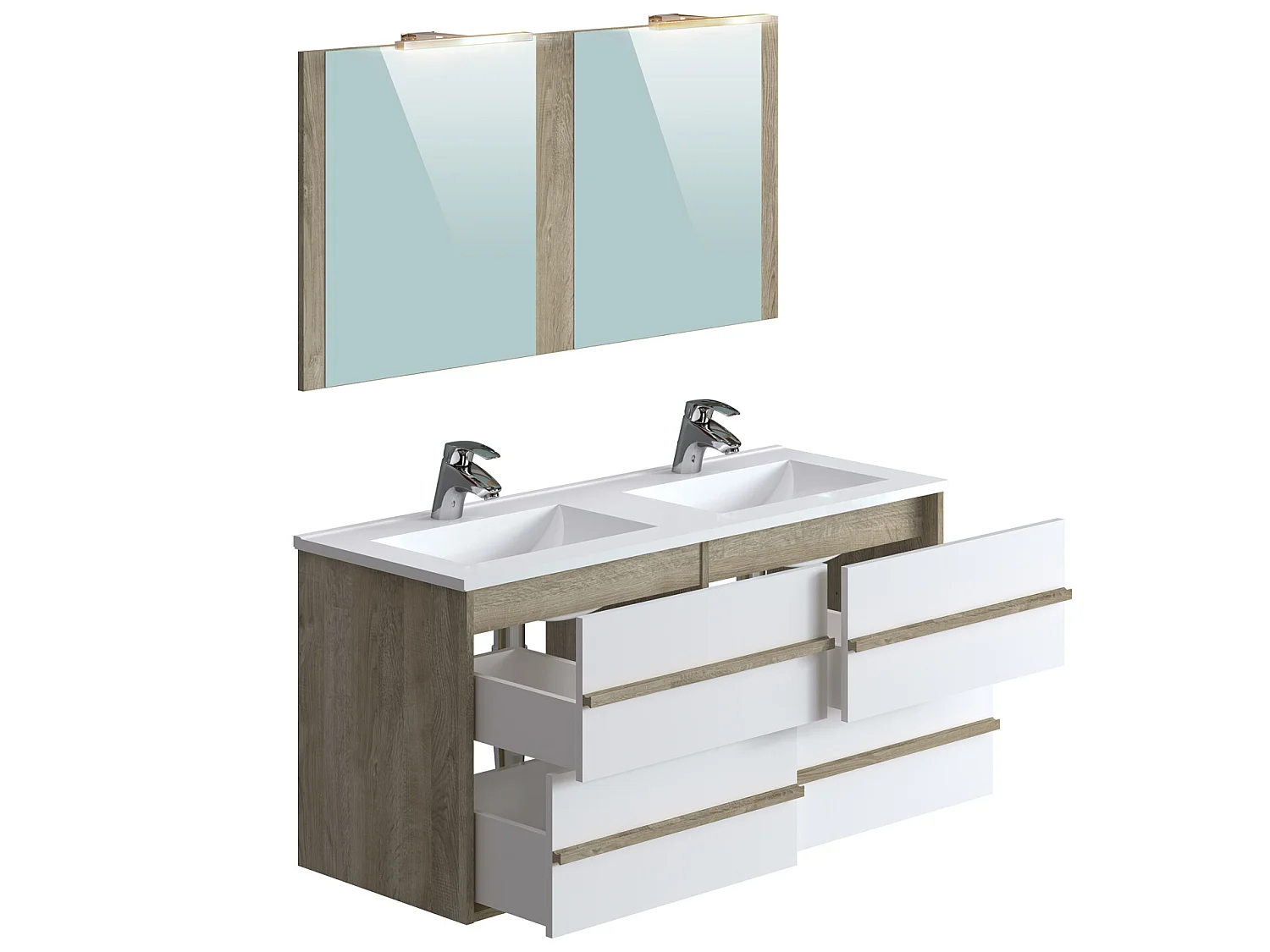 Meuble de salle de bain en mélamine coloris chêne / blanc - Longueur 122 x profondeur 46 x Hauteur 58 cm