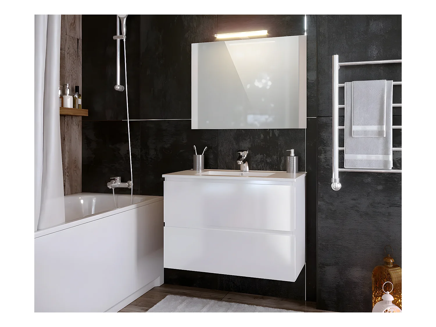 Meuble de salle de Bain en bois aggloméré coloris blanc brillant - Longueur 80 x profondeur 45 x Hauteur 85 cm