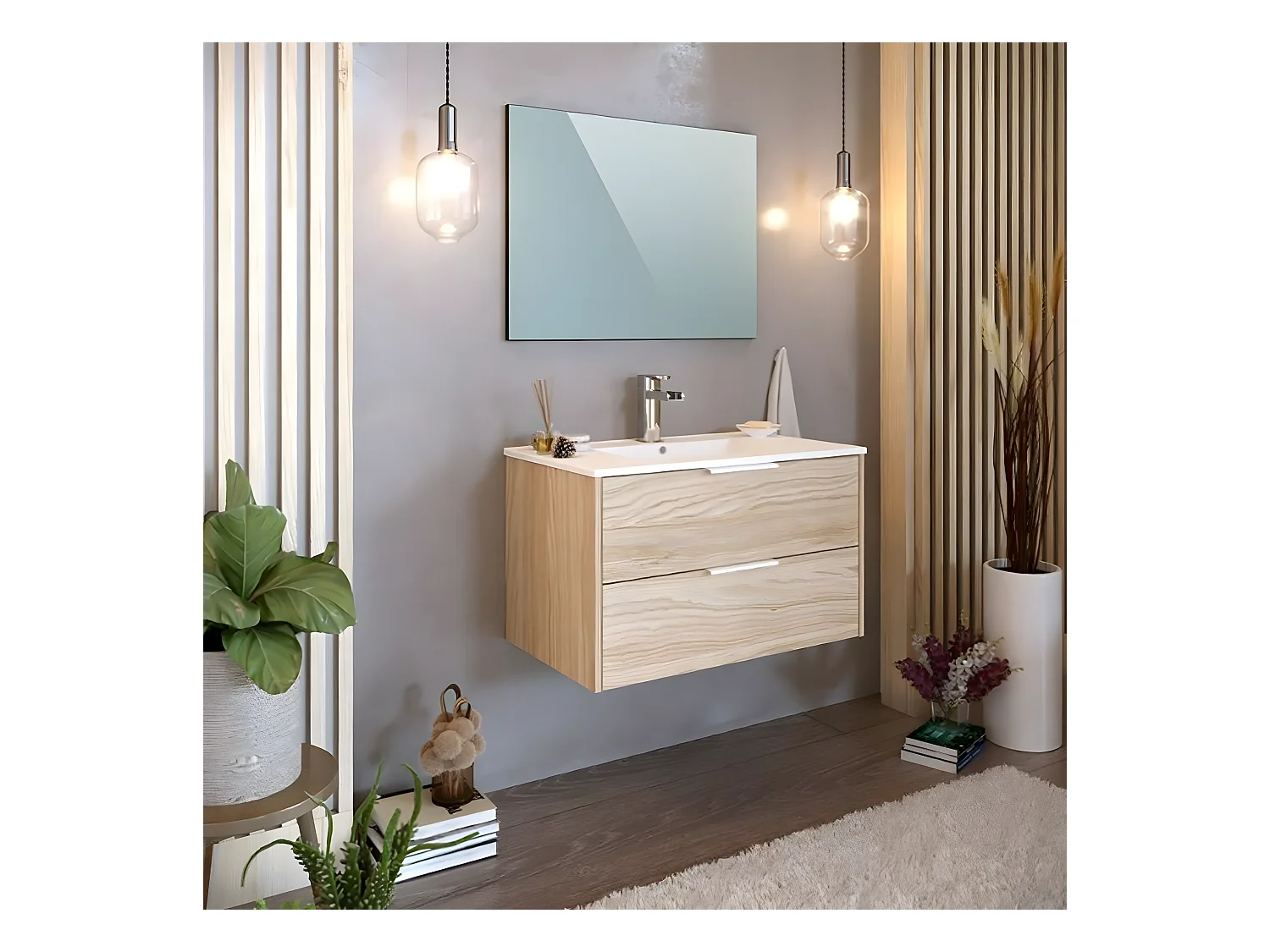 Meuble de salle de bain en mélamine coloris naturel - Longueur 81 x profondeur 47 x Hauteur 49 cm