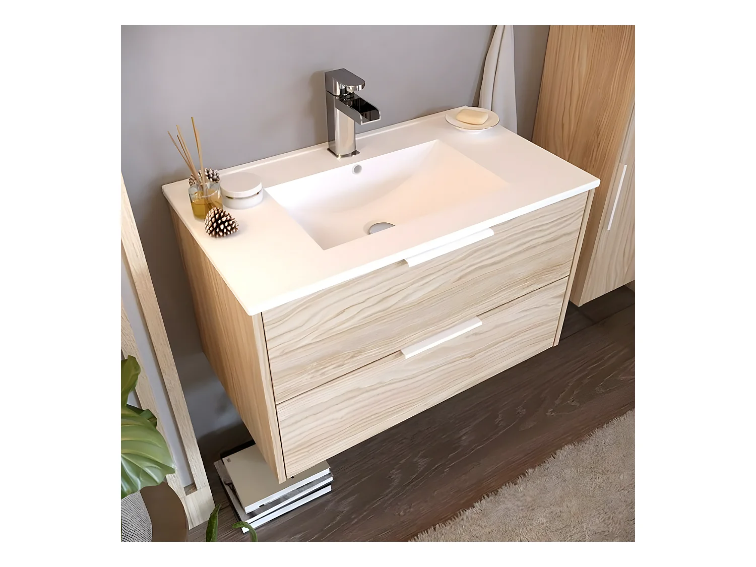 Meuble de salle de bain en mélamine coloris naturel - Longueur 81 x profondeur 47 x Hauteur 49 cm