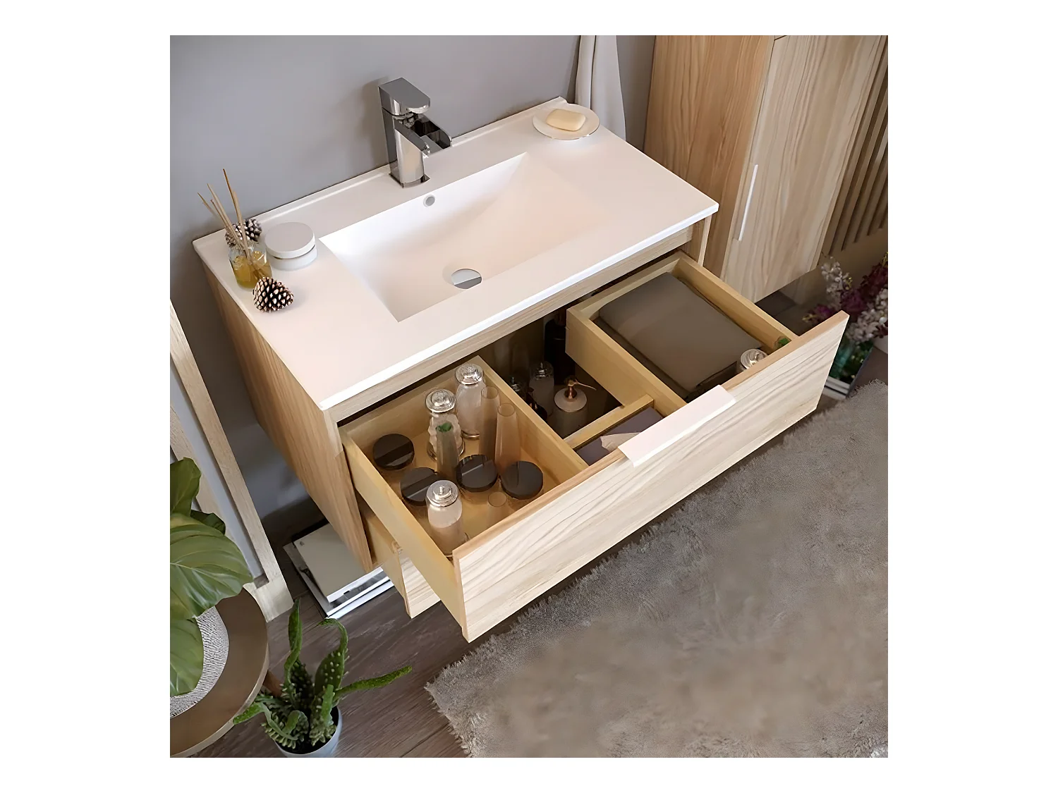 Meuble de salle de bain en mélamine coloris naturel - Longueur 81 x profondeur 47 x Hauteur 49 cm