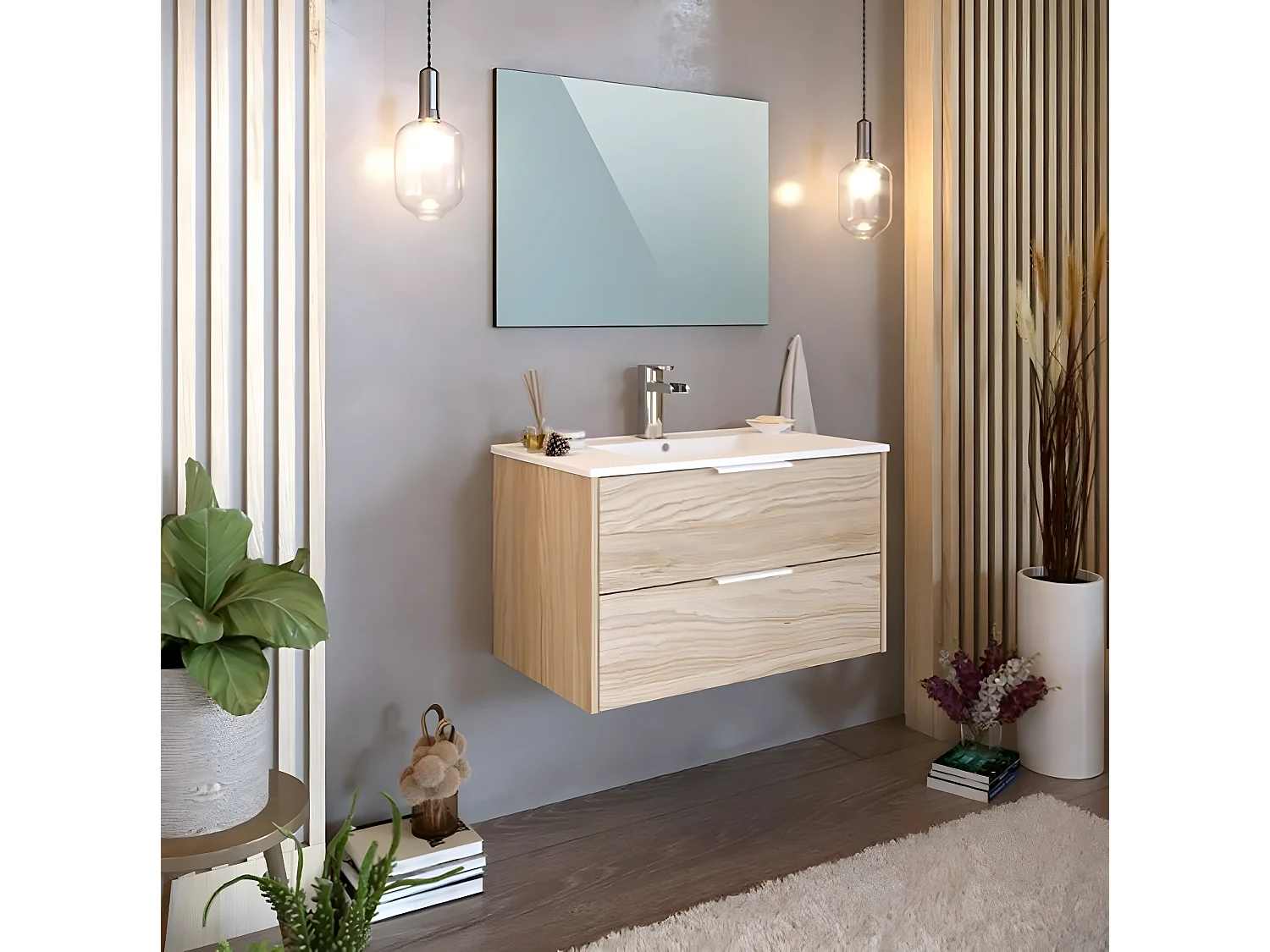 Meuble de salle de bain en mélamine coloris naturel - Longueur 81 x profondeur 47 x Hauteur 49 cm
