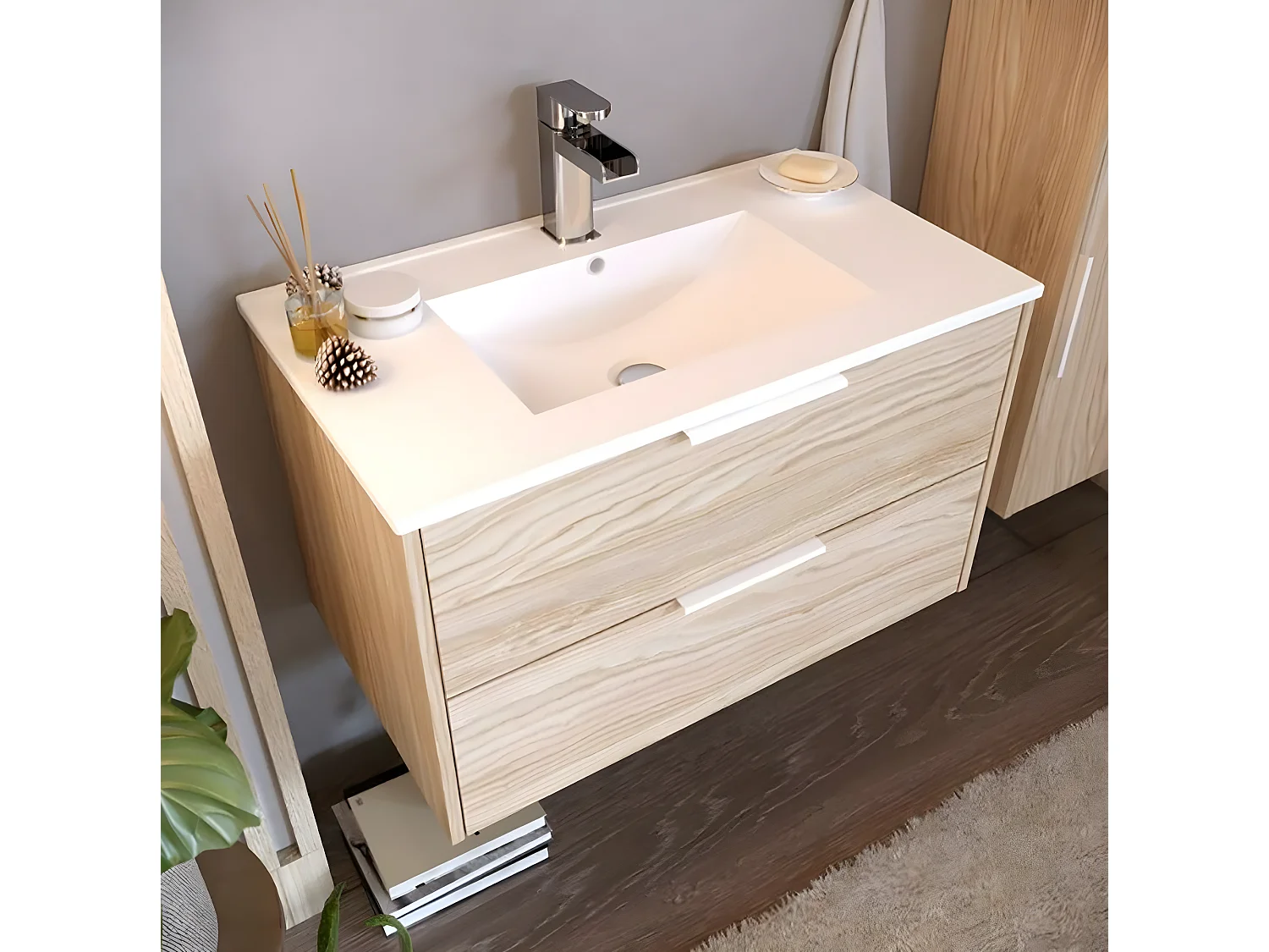 Meuble de salle de bain en mélamine coloris naturel - Longueur 81 x profondeur 47 x Hauteur 49 cm