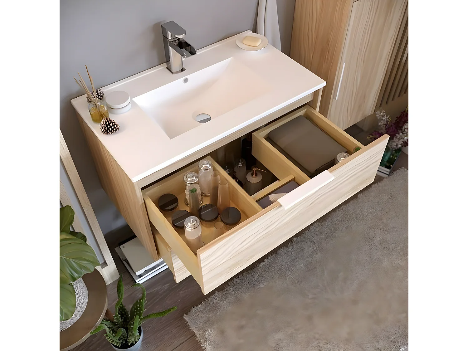 Meuble de salle de bain en mélamine coloris naturel - Longueur 81 x profondeur 47 x Hauteur 49 cm