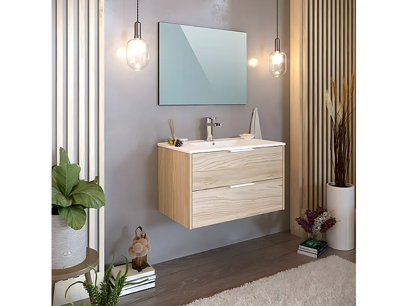 Meuble de salle de bain en mélamine coloris naturel - Longueur 81 x profondeur 47 x Hauteur 49 cm