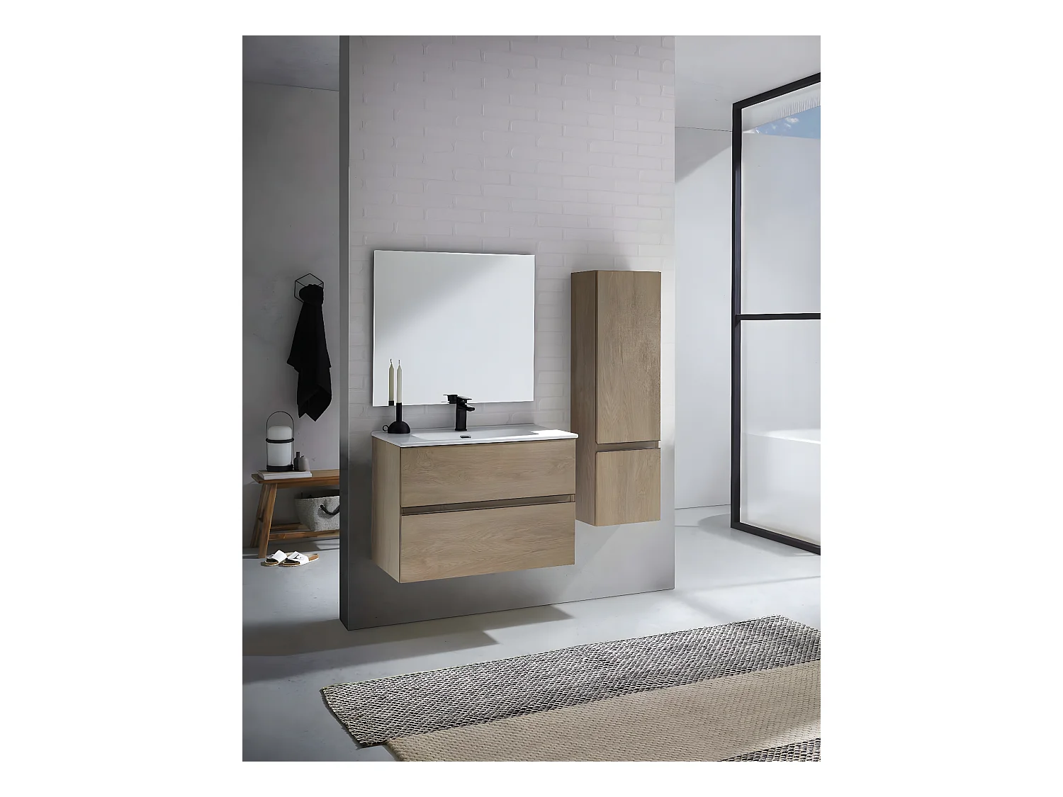 Meuble de salle de bain avec 2 tiroirs suspendus avec plan moulé + miroir + colonne