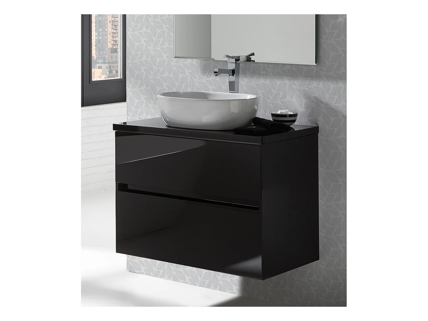Meuble de salle de bain coloris noir avec vasque à poser en céramique - Longueur 100 x Profondeur 46 x Hauteur 56 cm