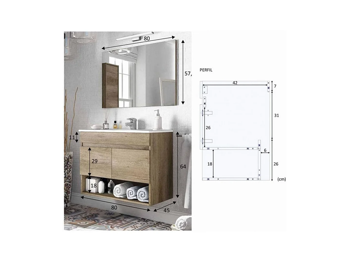 Meuble sous-vasque suspendu, 2 portes + Miroir finition nordik - 64x80x45cm