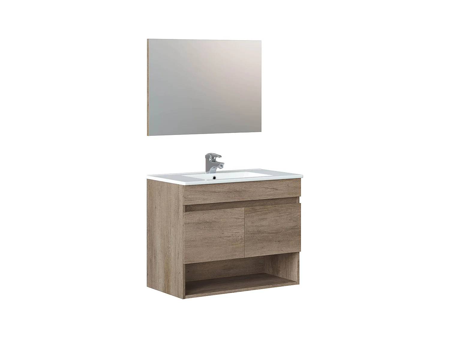 Meuble sous-vasque suspendu, 2 portes + Miroir finition nordik - 64x80x45cm