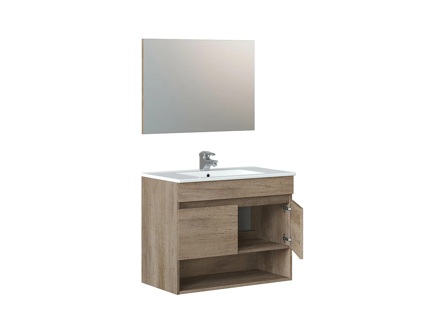 Meuble sous-vasque suspendu, 2 portes + Miroir finition nordik - 64x80x45cm