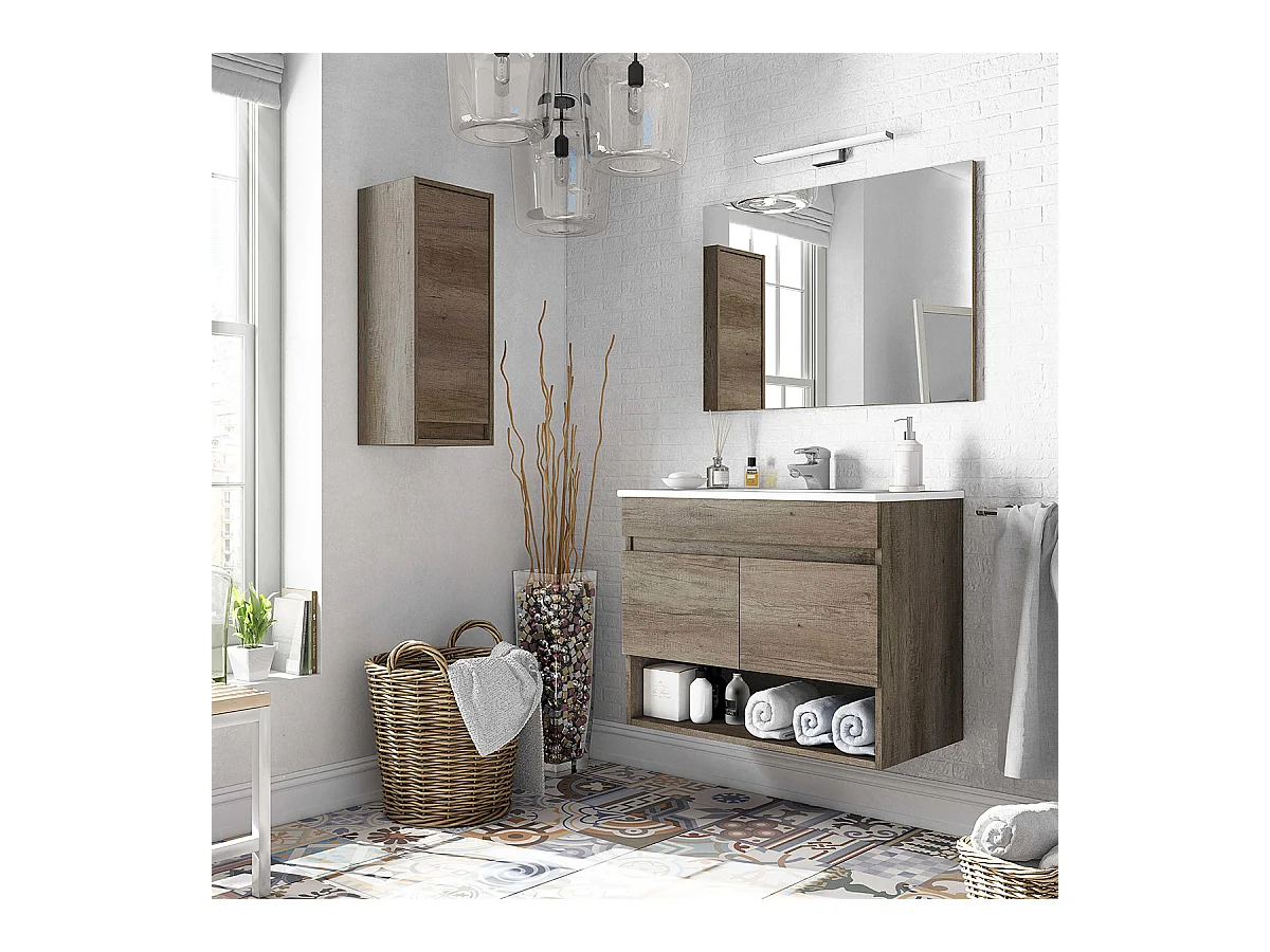 Meuble sous-vasque suspendu, 2 portes + Miroir finition nordik - 64x80x45cm