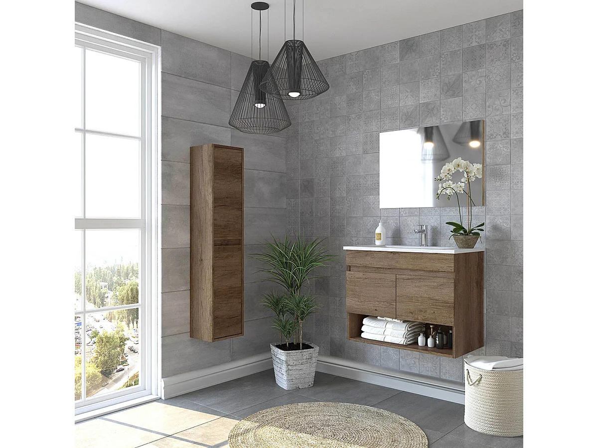 Meuble sous-vasque suspendu, 2 portes + Miroir finition nordik - 64x80x45cm